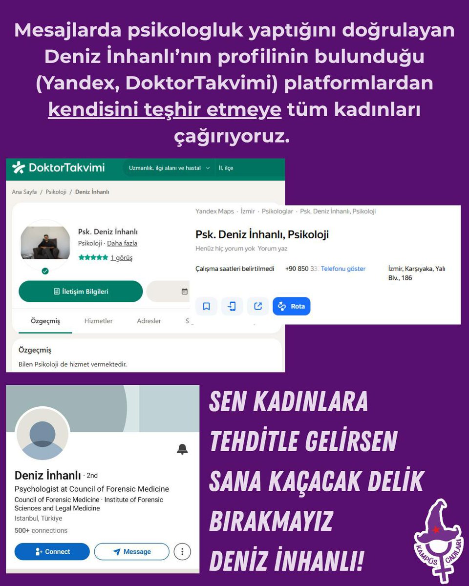 kampuscadilari's tweet photo. DENİZ İNHANLI’YI YENİDEN TEŞHİR EDİYORUZ!

Daha önce kadınları Linkedln uygulaması üzerinden taciz ettiği için teşhir ettiğimiz Deniz İnhanlı, “teşhiri reklam olarak gördüğünü” belirterek benzer uygulama üzerinden kadınları taciz etmeye ve ölüm tehditleri göndermeye devam ediyor! https://t.co/njLTnhkFkh