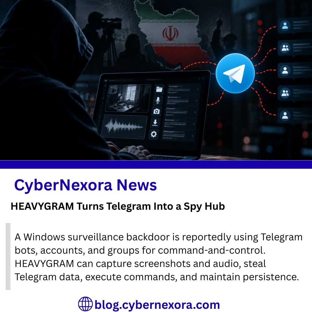 CyberNexoraNews's tweet photo. HEAVYGRAM: Telegram Becomes a C2 Channel 🚨
A Windows surveillance backdoor is reportedly abusing Telegram for command-and-control, data theft, screenshots, and audio capture.
#CyberNexoraNews #HEAVYGRAM #CyberSecurity #Malware #TelegramSecurity #CyberThreats #HandalaHack https://t.co/PJ2ZsqycWk