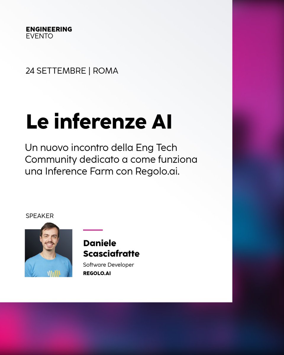 EngineeringSpa's tweet photo. Come funziona una Inference Farm?

Il 24 settembre alle 19, presso la nostra sede romana, la Eng Tech Community ne parlerà con Daniele Scasciafratte, Software Developer di https://t.co/qzkJGOJZQZ.

Partecipa all'evento: https://t.co/9hLtd2lr3p https://t.co/Uglwoimosf