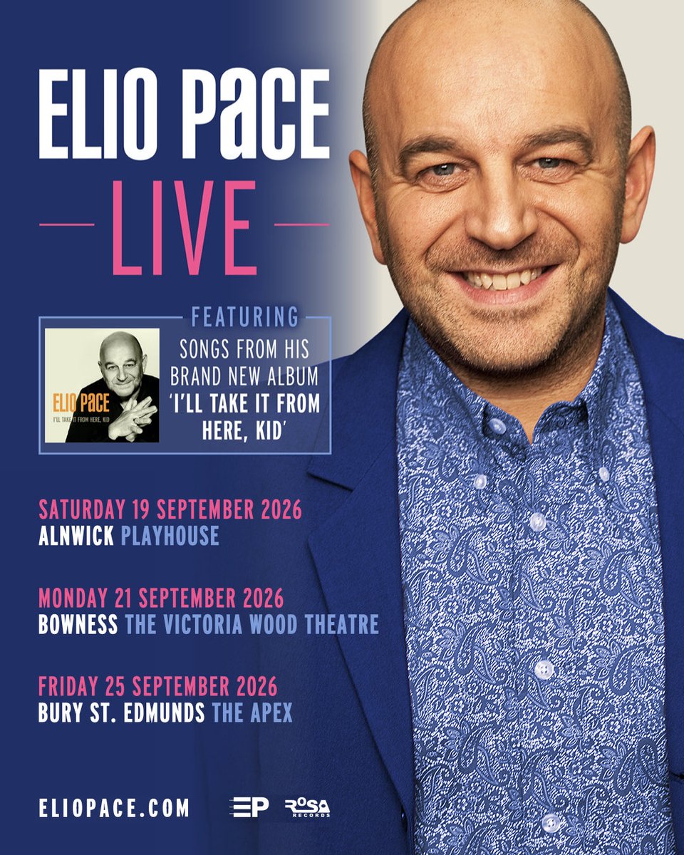 ElioPace's tweet photo. MY LAST 3 SHOWS OF 2026

See you there &amp; THANK YOU to every one who has bought a ticket, a CD or download for supporting independently made music!

19 Sept - @AlnPlayhouse

21 Sept - @VicWoodTheatre 

25 Sept - @TheApexVenue

#IllTakeItFromHereKid #NewAlbum #OutNow #NewRelease https://t.co/L3UDSMFz0A