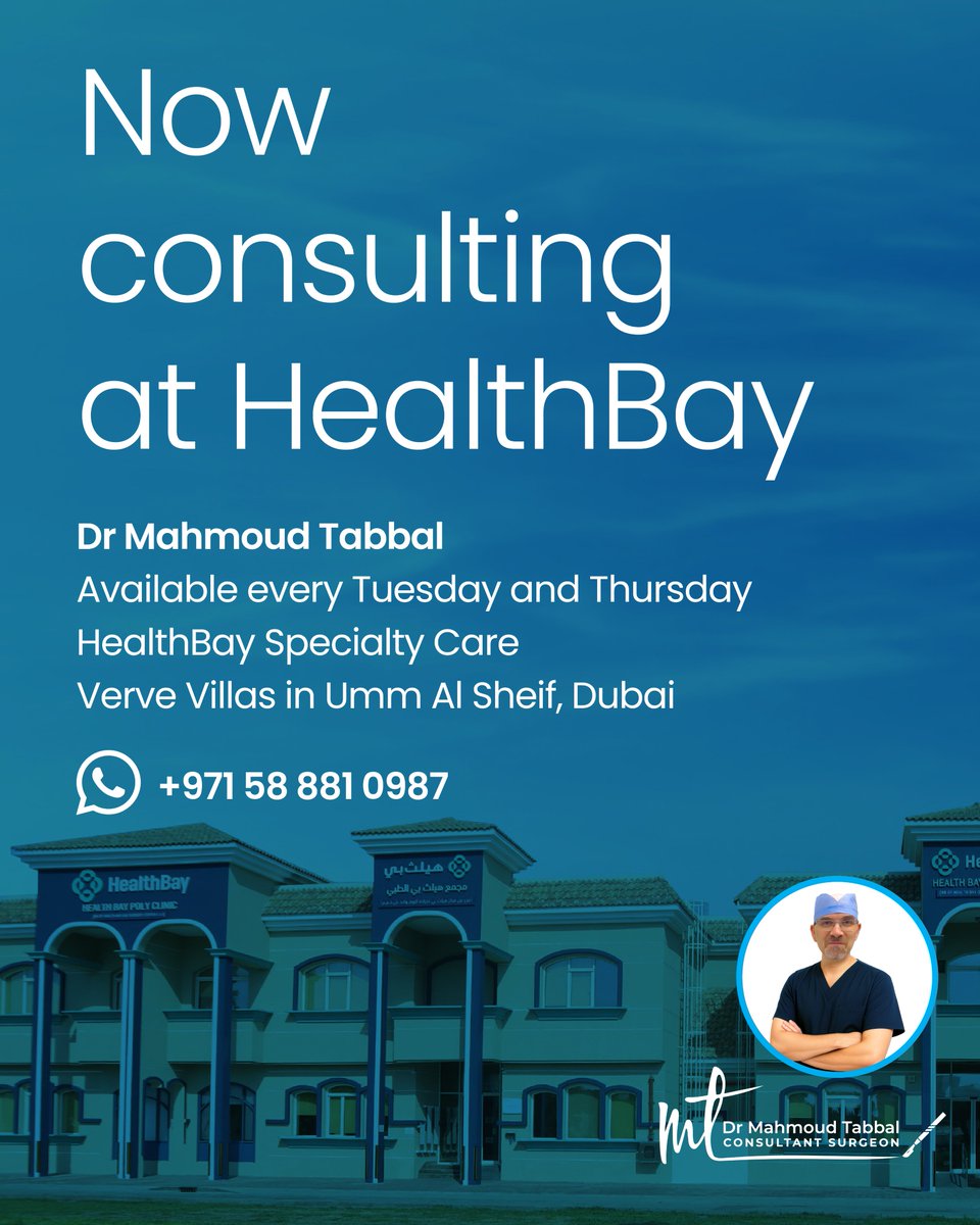 DrTabbal's tweet photo. I am pleased to now be consulting at HealthBay Specialty Care every Tuesday and Thursday.

To book a consultation:
WhatsApp +971 58 881 0987
https://t.co/DpY8edxKOG

#DrMahmoudTabbal #HealthBay #ConsultantSurgeon #DubaiHealthcare #SpecialistCare https://t.co/birggsEX1F