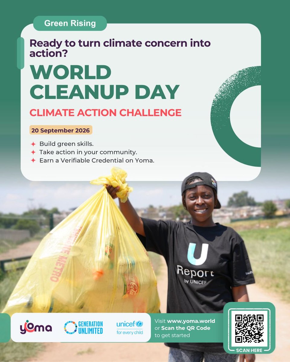 UReportUganda's tweet photo. 🌍🌱 WORLD CLEANUP DAY – 20 SEPTEMBER 2026!

Did you know Uganda is joining young people across the world to take action against plastic pollution and waste?

Through Yoma & Generation Unlimited’s Green Rising initiative, you can:
📚 Learn green & environmental skills
🧹 Take part in community cleanups
♻️ Support waste collection, sorting & recycling
🏆 Earn recognition and Verifiable Credentials for your skills and impact!

👉 Join the Yoma World Cleanup Day challenge here:
https://t.co/DO5W9mYjCN
Ready to take action for a cleaner Uganda!! 🌱🌍
#Yoma #skills4life #ClimateAction #GreenPal