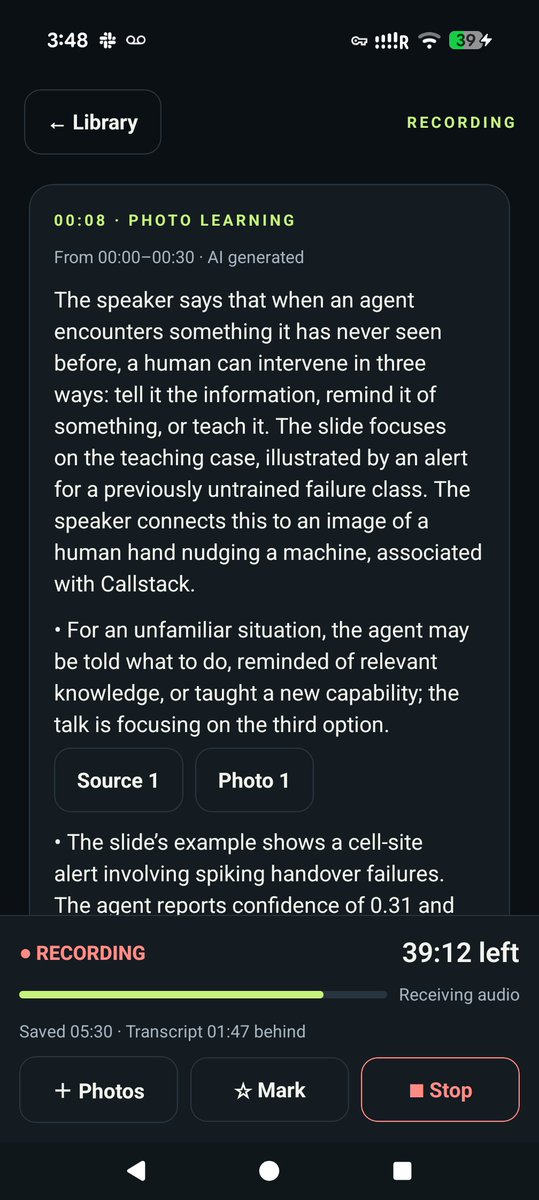 GroundControl's tweet photo. For @AgentConf, I whipped up an @expo app that lets me do on device transcription, let's me take photos while it's recording, and creates summaries with Luna. It's the conference app that I've always wanted. https://t.co/60xUp4AWDQ