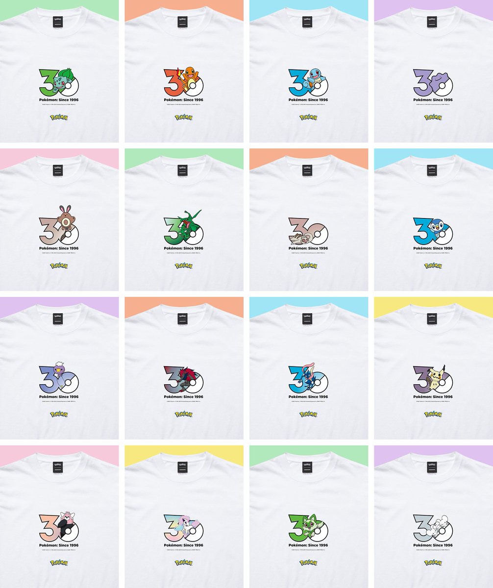 PokeGetInfoMain's tweet photo. 【ポケモン30周年】
本日12時からZOZOTOWNにてポケモン30周年記念ロゴTシャツの受注販売開始

✅Tシャツ1点につき限定ステッカー付属
✅1点ずつオリジナルBOXでお届け
✅一部デザインは順次販売開始

📅受注販売期間
9月18日(金)12時00分～12月15日(火)11時59分

💰販売価格
各3,960円(税込)

📏サイズ
キッズ100～160cm／S～XXXL

🔗ポケモン30周年ロゴ一覧
https://t.co/1r78DNcral

🔗特設ページ
https://t.co/3ov9qjosut