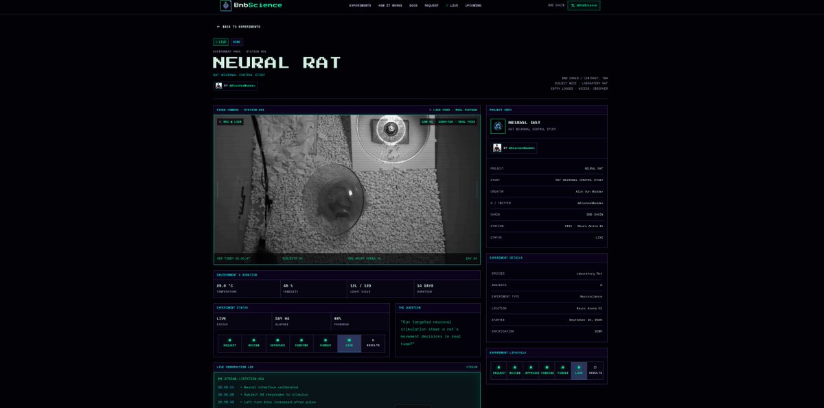 BnbScience's tweet photo. EXPERIMENT #001 IS LIVE. 

Our first experiment is officially live on the platform.

NEURAL RAT is now available to explore.

By @AlanVanMadden 

Can targeted neuronal stimulation steer a rat's movement decisions in real time? https://t.co/G8R6iCUxpk