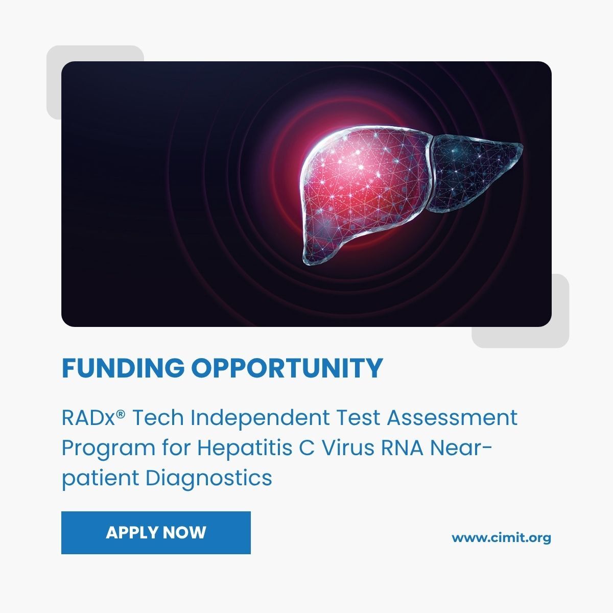 Cimit's tweet photo. Developing a Near-Patient HCV RNA diagnostic?
Applications are now open for the RADx® ITAP for hepatitis C virus (HCV) RNA near-patient diagnostics.
Learn more and apply by September 27: https://t.co/25vpGwscJV
#RADxTech #HCV #HepatitisC #Diagnostics #MedTech https://t.co/3AcztVWwkP