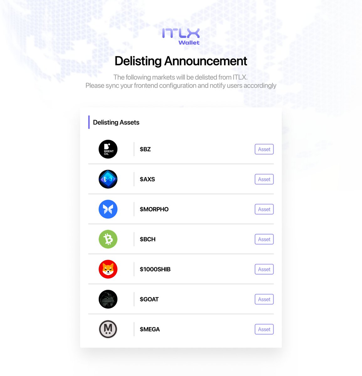 itlx_defi's tweet photo. [Delisting Announcement]

The following markets will be delisted from ITLX. Please sync your frontend configuration and notify users accordingly.

Delisted Markets

$BZ, ethereum:0xbb0e17ef65f82ab018d8edd776e8dd940327b28b, $MORPHO, bitcoin-cash:native, $1000SHIB, $GOAT, $MEGA

Delisting Time

September 23rd, 2026 at 08:00 UTC

The final index price will be fixed using the average index price during the final hour before delisting. Please review your positions and prepare in advance. 💜

#ITLX #ITLG #ITL