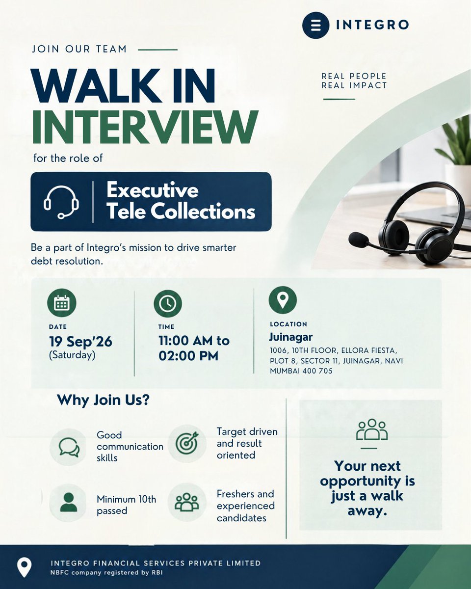 IntegroFinserv's tweet photo. Integro Hiring | Executive Tele Collections
19 Sept | 11 AM–2 PM | Juinagar, Navi Mumbai
10th Pass | Freshers & Experienced
#Integro #Hiring #WalkInInterview #Jobs #NaviMumbai https://t.co/ZUeuaVT0TI