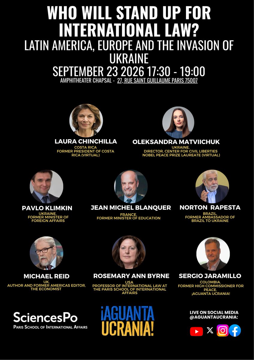 AguantaUcrania's tweet photo. Who will stand up for international law?

📅 September 23 | Sciences Po Paris | 5:30-7 PM

Join us for a critical debate with leading voices from Latin America, Europe &amp; Ukraine.
🔗 Register: https://t.co/MjIS89YeYy
📺 Campaign: https://t.co/QGp05QmcRQ…
Read more https://t.co/aRXLTvMw8u