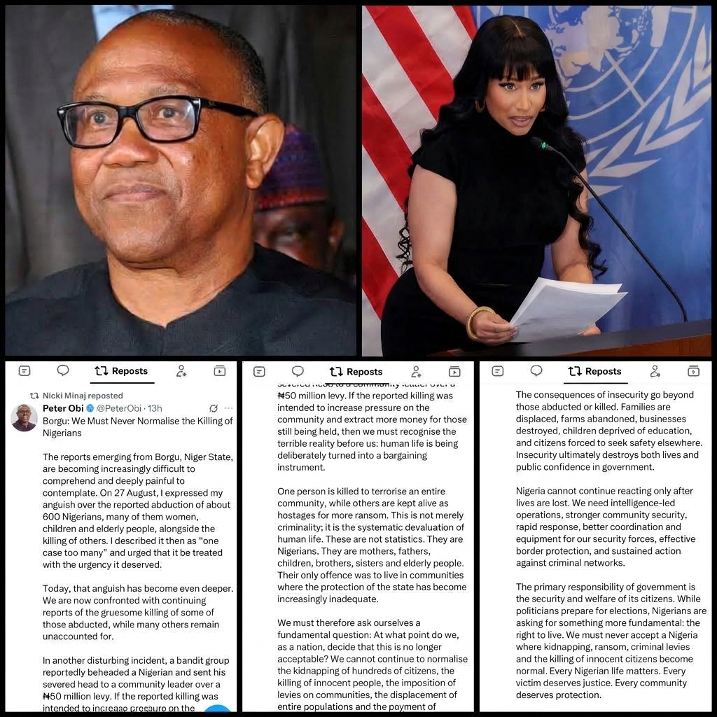 ParallelFacts's tweet photo. Unchallenged Killings Of Nigerians Under Tinubu Again Come Under Global Spotlight As Nicki Minaj Retweets Peter Obi Post Condemning Abduction Of 500 Worshippers, Beheading Of More Than 30 In Niger Community https://t.co/wuWpL0FrbV https://t.co/uzXILY6EiQ