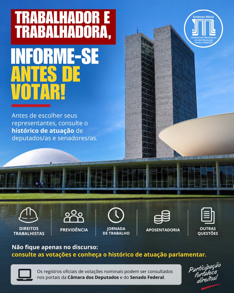 sindmonmetal's tweet photo. 🗳️ Trabalhador e trabalhadora, informe-se antes de votar!

O voto também é uma forma de defender direitos. Antes de escolher seus representantes, procure conhecer o histórico de atuação de deputados/as e senadores/as.

🔗 
https://t.co/ZA4YeZJenS

🔗 
https://t.co/RsFnMq9ElM https://t.co/m0u1Pxt3nt