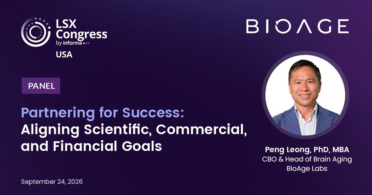 bioagelabs's tweet photo. At LSX Congress USA in Boston next week, BioAge CBO & Head of Brain Aging Peng Leong will join the panel "Partnering for Success: Aligning Scientific, Commercial, and Financial Goals."

The panel will cover how to align scientific innovation with commercial and financial objectives, build partnerships that balance risk, reward, and long-term value, and structure collaborations that deliver for every stakeholder.

Joining Peng on stage will be Armin Rump (Otsuka Pharmaceutical), Jukka Muhonen (OBI Pharma), Navin Swaroop (Merck KGaA), and Anu Daniel (Sanofi).

Thursday, September 24
10:50–11:30 AM

Looking forward to a great discussion!

Agenda: https://t.co/nM459bJiof