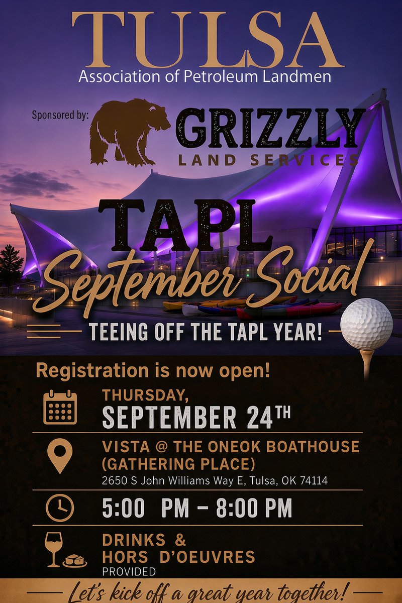 OCAPL's tweet photo. Tulsa Association of Petroleum Landmen is inviting you (yes, you!) to the September Social! Not a member? No problem! This event is open to members and non members alike. This is a great opportunity to network and build connections! Go to https://t.co/gpiOeBVaz5 to register! https://t.co/4zdb85OqhW