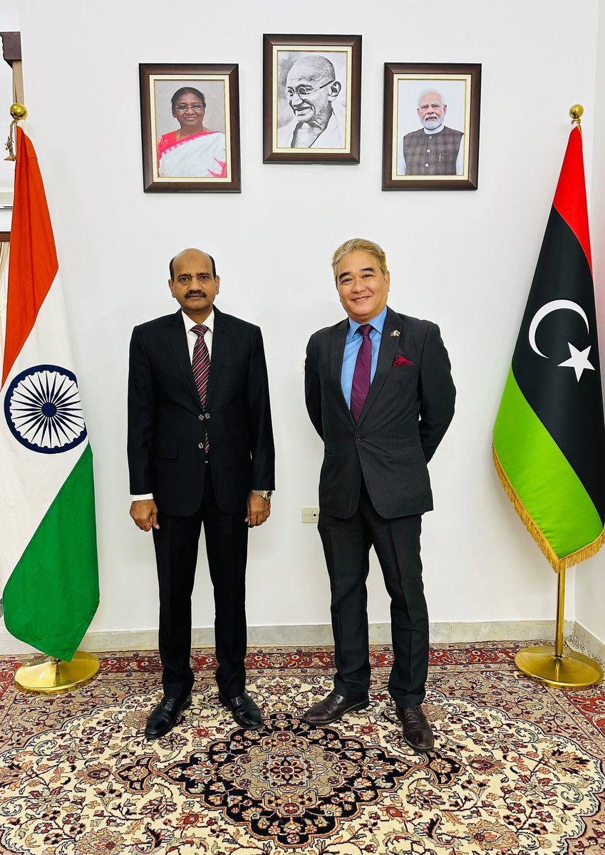 Indiainlibya's tweet photo. Ambassador Dr. Hifzur Rahman receives in his office Mr. Roderico Atienza, Charge' d' Affaires of the Embassy of Philippines in Tripoli and discussed issues of mutual interest. https://t.co/TsUzqyhITK