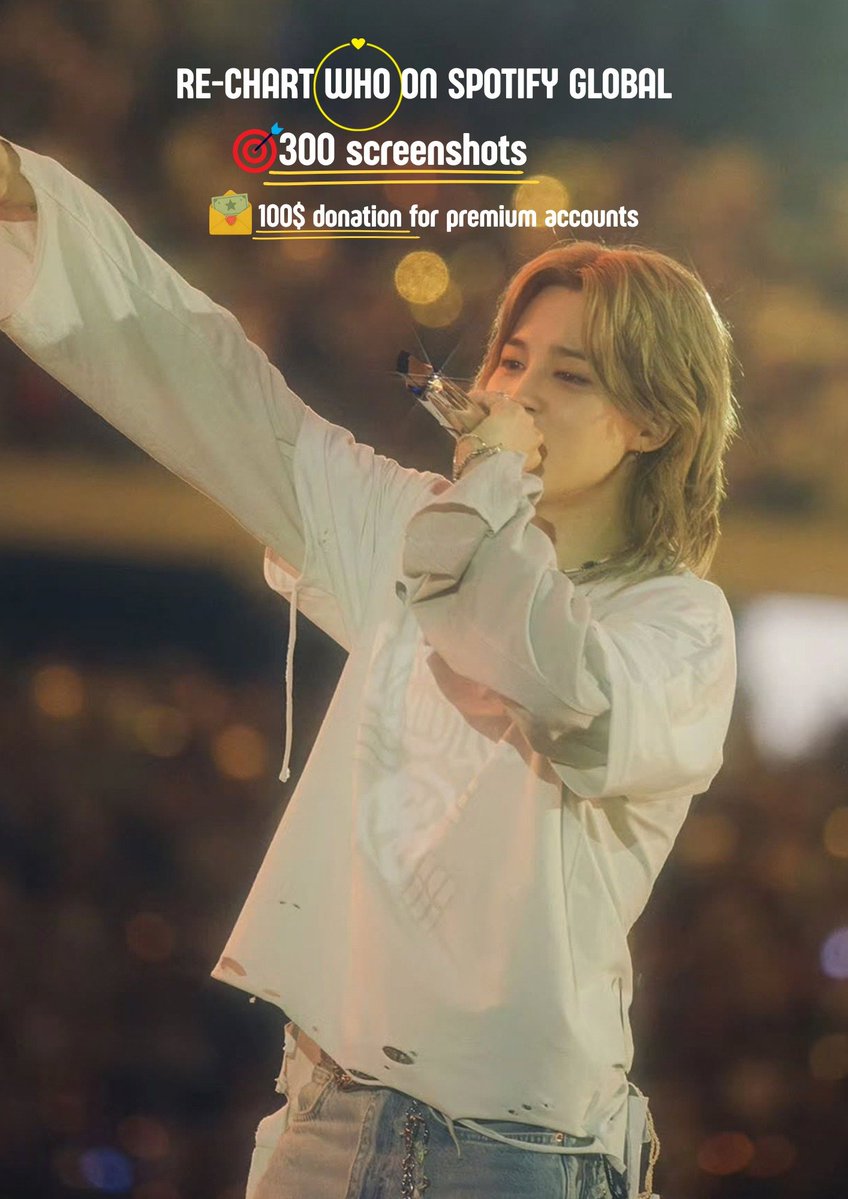 jimin_lovers13's tweet photo. ⭐️STREAMING PARTY TO RE-CHART WHO ⭐️

Jimtober is coming! Let's do our best to bring Who back to the Spotify Global Chart 🔥 help to achieve this goal will help funding Premium Accounts and boost Jimin's streams across all platforms💛

🎯 300 STREAMING SS ‼️

💵 100$ donation for premium accs if we reach our goals 

SPOTIFY🟢
https://t.co/PrxJE2UyNZ

APPLE MUSIC 🍎 
https://t.co/xOrZWYugHO

YOUTUBE 🚨
https://t.co/OPuc0IO22U

#JimtoberLockdown
#StreamForJimin