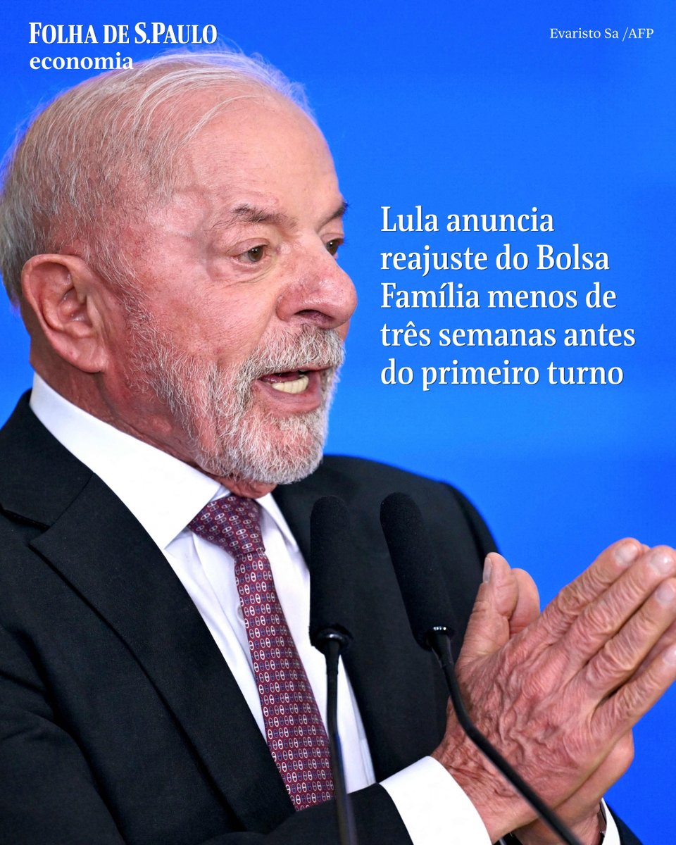 folha's tweet photo. Lula anuncia reajuste do Bolsa Família menos de três semanas antes do primeiro turno. Reajuste será de 15,04%.

📲Leia mais na #Folha: https://t.co/0BVsBQ4Jcm

📷 Evaristo Sa/AFP
📝 Caio Spechoto https://t.co/0xbNvdTFzk