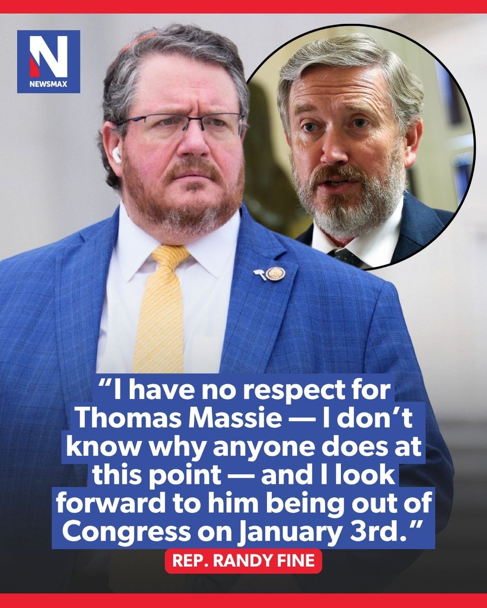 NEWSMAX's tweet photo. ‘NO RESPECT’: Florida Rep. Randy Fine unloaded on Rep. Thomas Massie after the Kentucky Republican introduced eight articles of impeachment against War Secretary Pete Hegseth. https://t.co/eM9Z0l0F6g