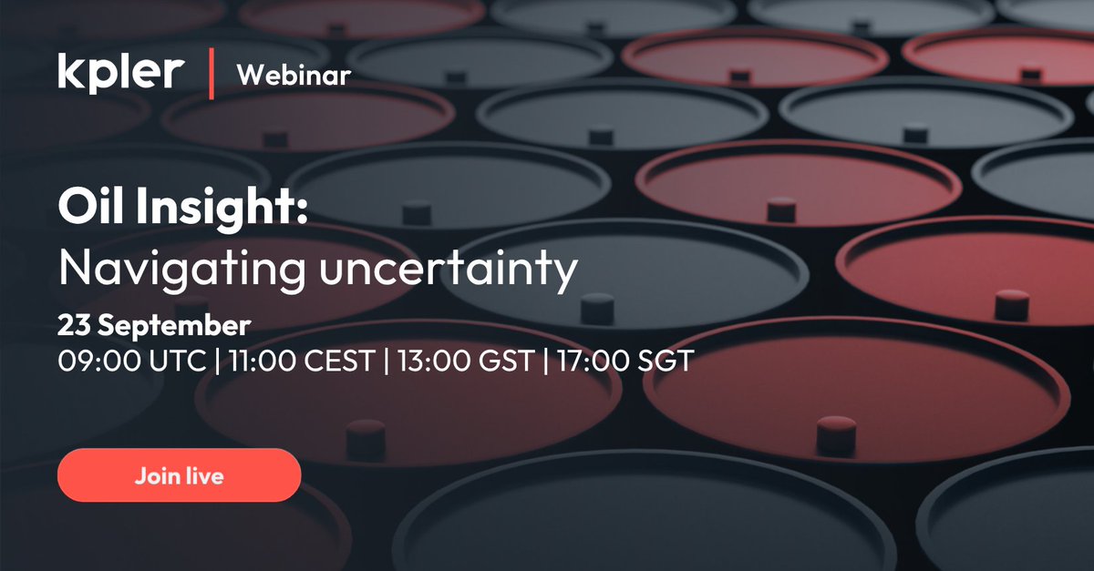 Kpler's tweet photo. Oil markets are navigating a new wave of uncertainty. Are you prepared for what comes next?

Join Kpler experts Homayoun Falakshahi, Andon Pavlov and Matt Stanley for Oil Insight: Navigating uncertainty, a focused briefing on the latest developments shaping crude and refined products markets.

From Middle East disruption and US–Iran tensions to shifting supply, demand, flows, pricing and margins, our experts will unpack what’s happening now — and the key signals to watch next.

Register now and join us live: https://t.co/xnwJMy9GyO