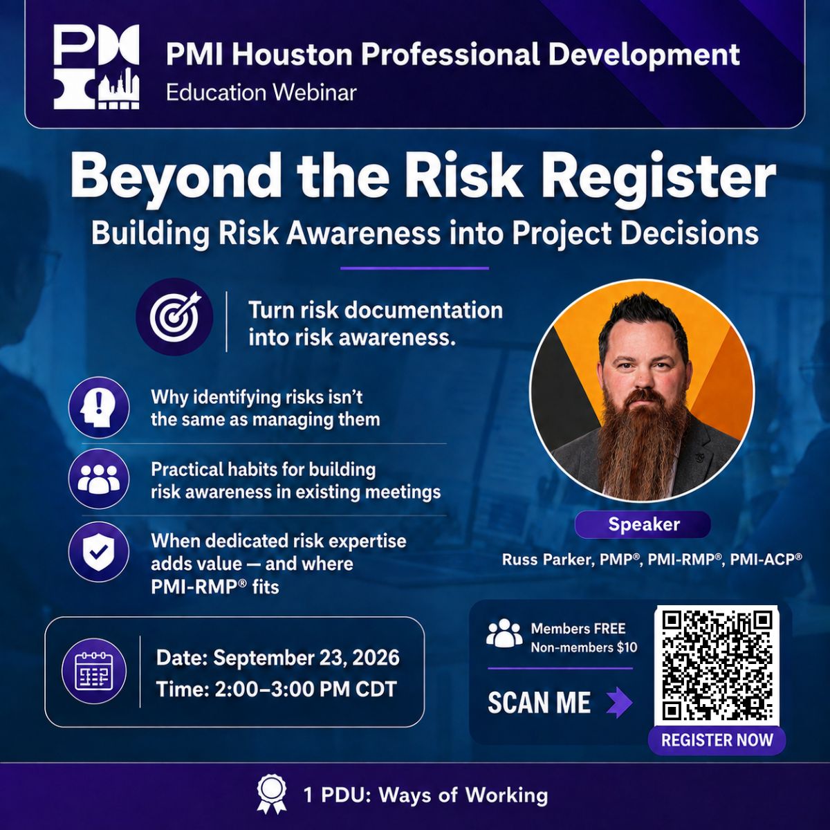 PMIHouston's tweet photo. A risk register records risks. A risk-aware team acts on them.
Join Russell Parker, PMP, PMI-RMP, PMI-ACP, to learn the Record β Recognize β Respond framework.
π
Sept. 23 | 2 PM CT
π 1 PDU
π² Free members | $10 non-members
Register: https://t.co/Ansac7W5Tt
#PMIH https://t.co/C9r9gx4bH0