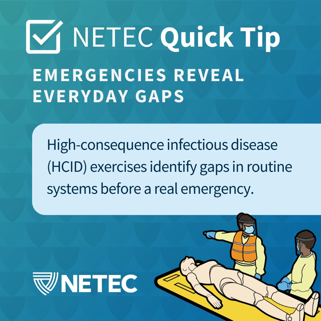 TheNETEC's tweet photo. The pathogens may be rare; the preparedness gaps are not.

HCID exercises can uncover gaps in core capabilities healthcare organizations depend on during an emergency.

Explore NETEC’s exercise resources: https://t.co/OStBG49Yn0

#NETECNugget #PreparednessMonth https://t.co/r3u0udY4Pr