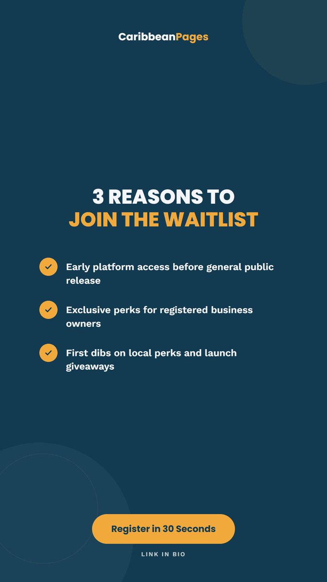 CaribbeanPages's tweet photo. Why wait for launch day? Here’s why you should join the waitlist today 👇
1️⃣ Early platform access before general public release
2️⃣ Exclusive perks for registered business owners
3️⃣ First dibs on local perks and launch giveaways!
📲 Tap #linkinbio to register in under 30 seconds! https://t.co/2I9Nik5J3a