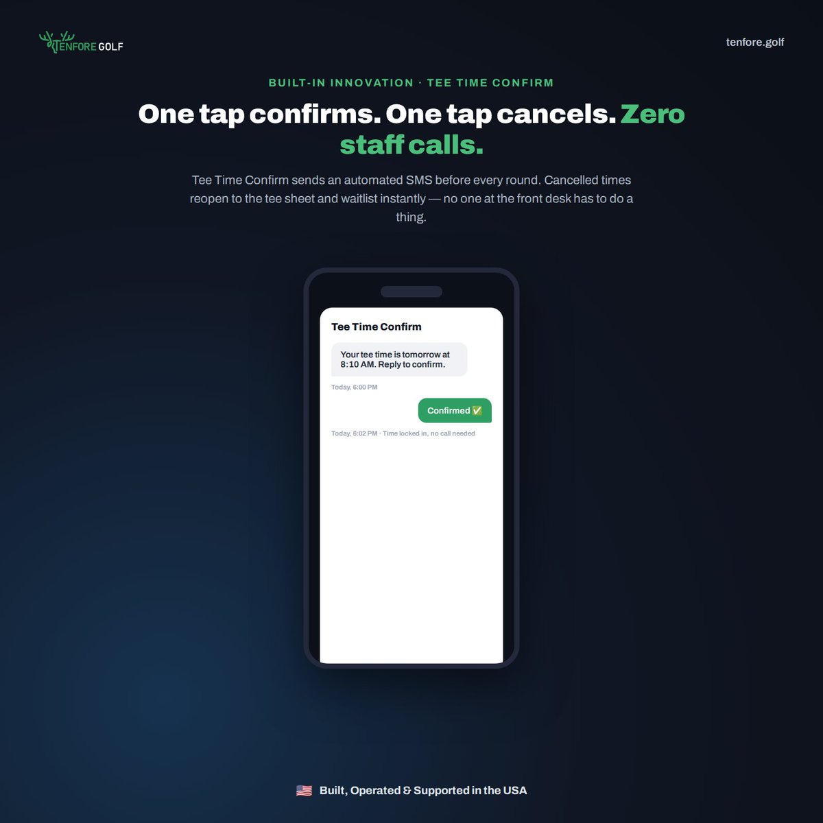 TenForeGolf's tweet photo. One tap confirms. One tap cancels. Zero staff calls. 📲 Tee Time Confirm sends an automated text before every round, so golfers can lock in or cancel their tee time with a single reply. Cancelled times reopen to the tee sheet and waitlist instantly — no one at the front desk has to make a call, chase a no-show, or manually reopen a slot. 
It's a small feature that adds up to a lot fewer empty tee times.

#GolfTech #TeeTime #GolfCourse #TenForeGolf