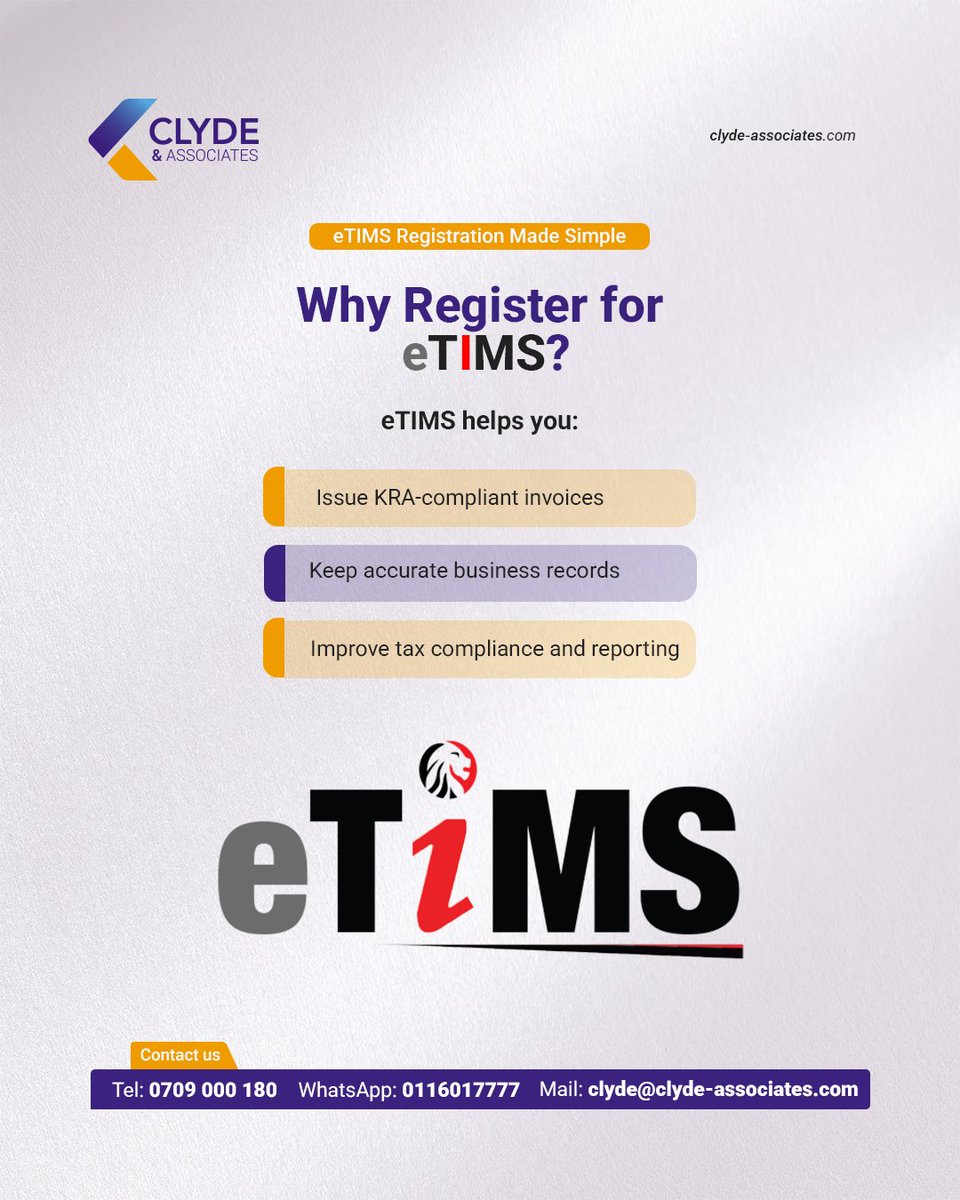 ClydeAssociates's tweet photo. Need guidance on eTIMS registration or compliance requirements? Clyde & Associates is here to help.
#eTIMS #KRA #TaxCompliance #KenyaBusiness #BusinessRegistration #DigitalTax #SMEs #Accounting #TaxAdvisory #ClydeAndAssociates https://t.co/52GfHXKeKO