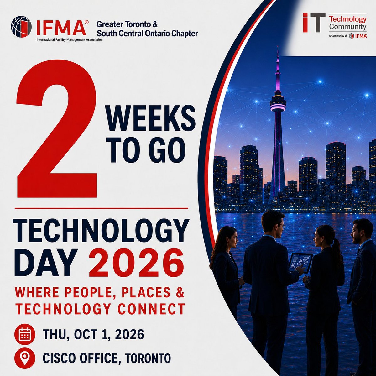 IFMAToronto1's tweet photo. Two weeks to Technology Day 2026! Discover workplace technology in action, hear from innovators and connect with solution providers and FM peers at Cisco on Oct. 1. Register: https://t.co/0AqVnMCrVg 

#TechnologyDay2026 #IFMAToronto #FacilityManagement #WorkplaceTechnology https://t.co/YvZWJJEKgZ