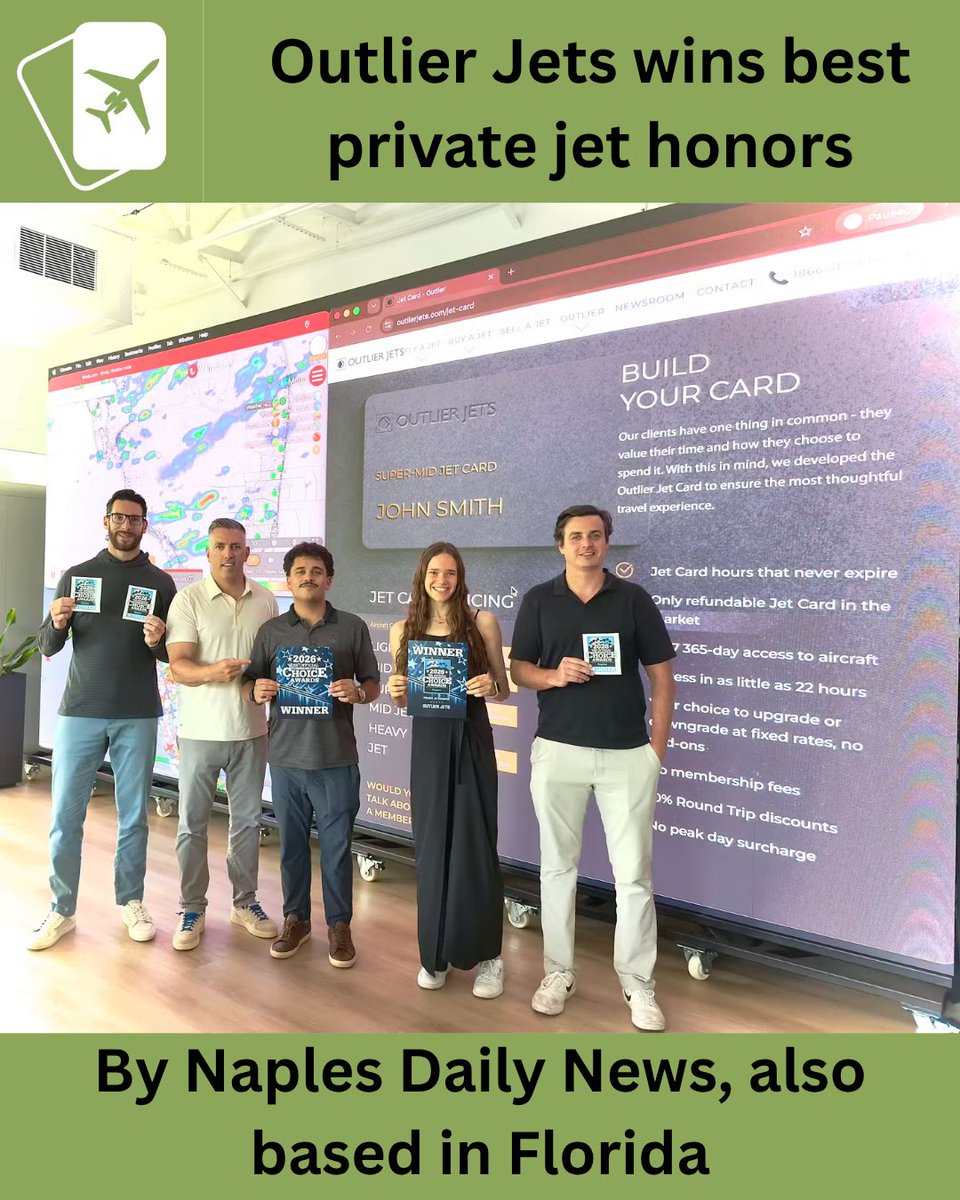 DougGollan's tweet photo. The award from Naples Daily News honors ‘exceptional businesses and organizations.’ Outlier Jets is offering $1,000 gift cards to celebrate. 
https://t.co/ZsLxvS2H9W 

#jetcard #privatejet #jetmembership #luxurytravel #businesstravel #privatejets #privateaviation #outlierjets #naplesdailynews