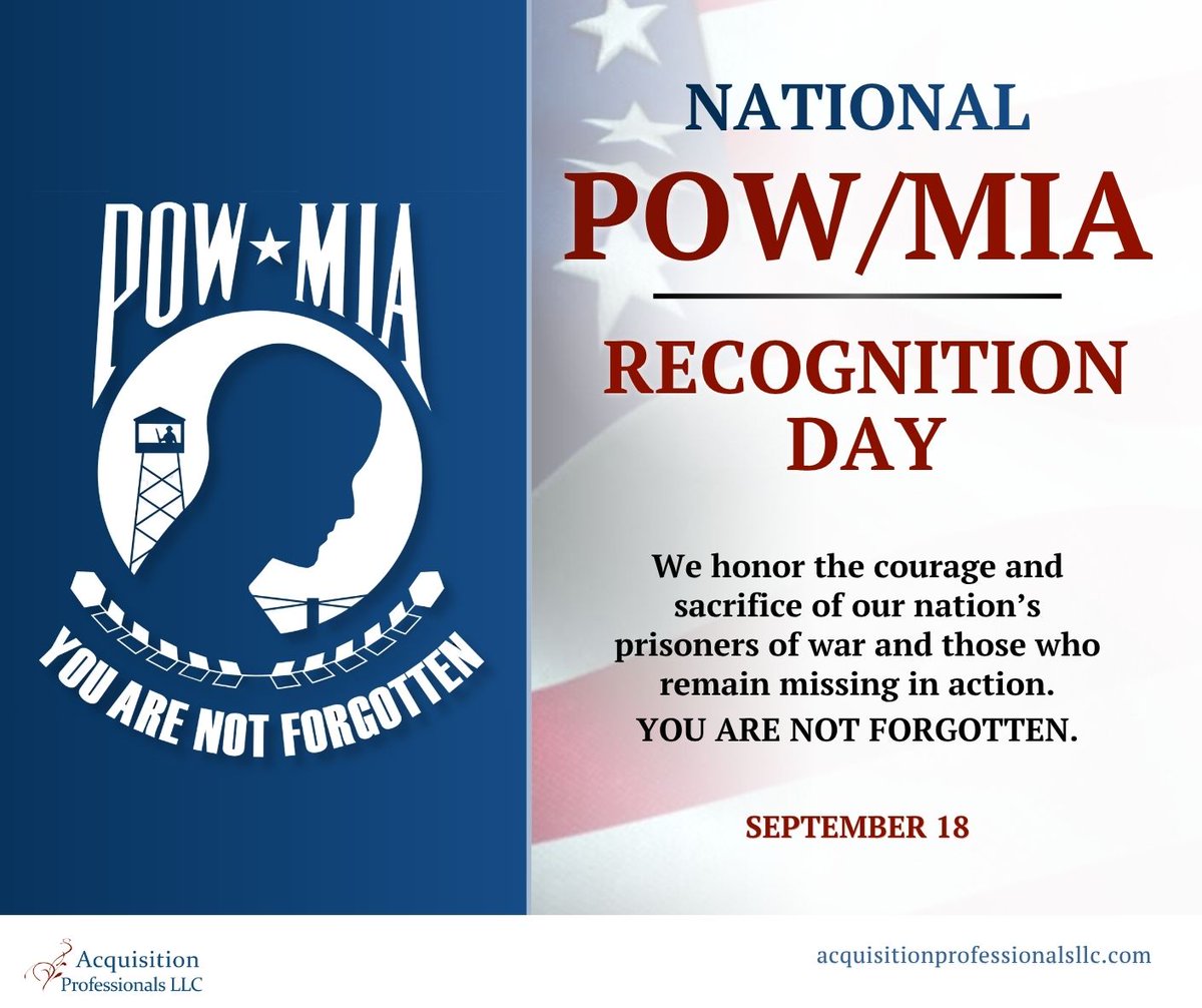 ACQPROS's tweet photo. Today, we honor America’s prisoners of war, those who remain missing in action, and the families who continue to carry their legacy.

Their courage and sacrifice will never be forgotten. 🇺🇸

#POWMIA #YouAreNotForgotten #AcquisitionProfessionals https://t.co/7mQGbvSsKx