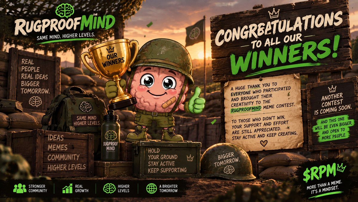 rugproofmind's tweet photo. 🧠 CONGRATULATIONS TO ALL OUR WINNERS

A huge congratulations to everyone who took part in the RUGPROOFMIND Meme Contest and especially to our winners. Your creativity and effort made the contest a success.

To everyone who didn’t win this time, we appreciate your support and participation. Every entry, share, and contribution helps strengthen the community and push RUGPROOFMIND forward.

But this is only the beginning.

Stay tuned. We’ll be making another announcement soon for our next contest, and this one will be more open and give more members an opportunity to participate and win.

Hold your ground. Stay active. Keep supporting the project and contributing to the community.

More opportunities are coming.

You can’t rugproof the market.
You can rugproof your mind.
https://t.co/QmLtZlB2Rb

https://t.co/NYmFY2bB38

https://t.co/1DHGAVZuoB

https://t.co/91uHkBQIIf

https://t.co/DJoWz66CpX

$RPM