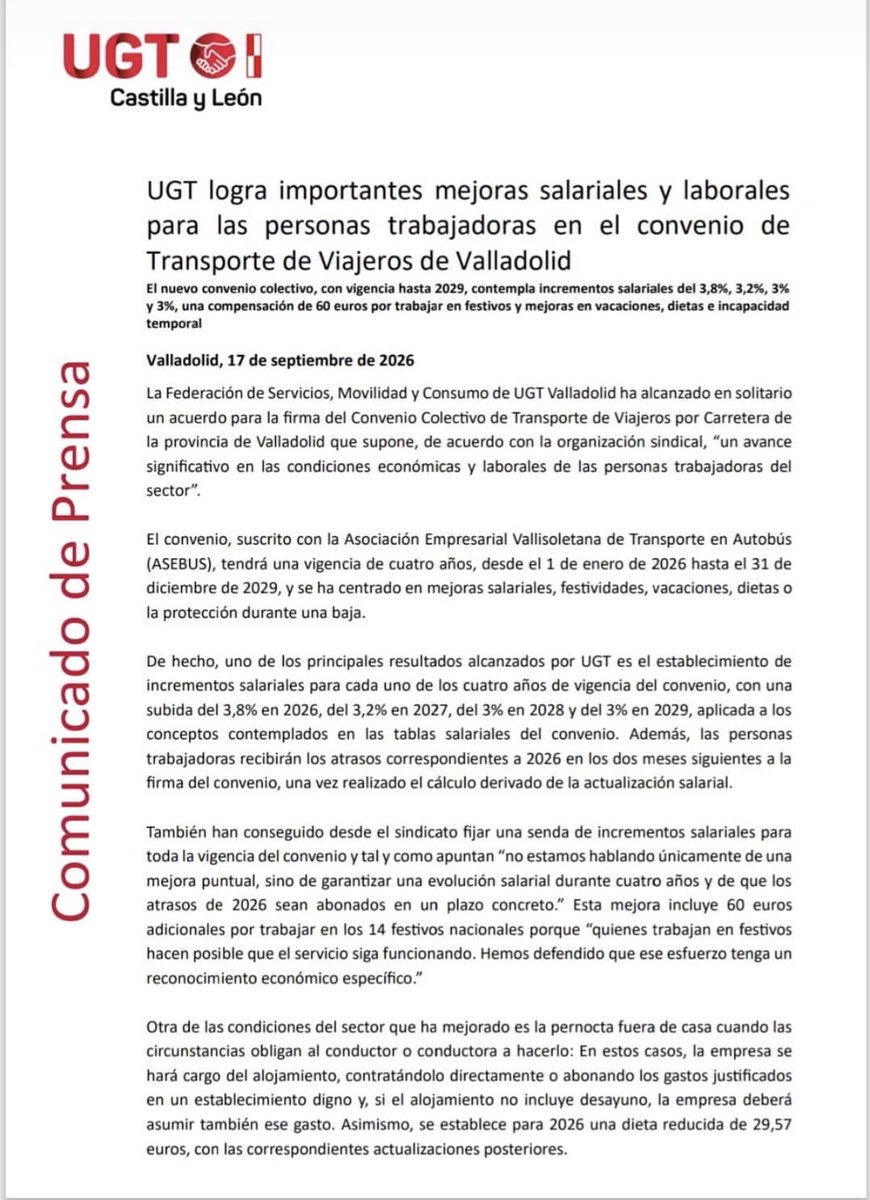 FeSMC_cyl's tweet photo. 🚎Garantizamos la estabilidad salarial para los próximos 4 años en el Transporte de Viajeros de Valladolid

📈Subidas salariales: 

💰 3,8% (2026)
💰 3,2% (2027)
💰 3% (2028) 
💰 3% (2029)

🫱🏻‍🫲🏼 Reconocemos el esfuerzo de quienes hacen funcionar el servicio con +60€ en festivos https://t.co/cMzAElwhgn