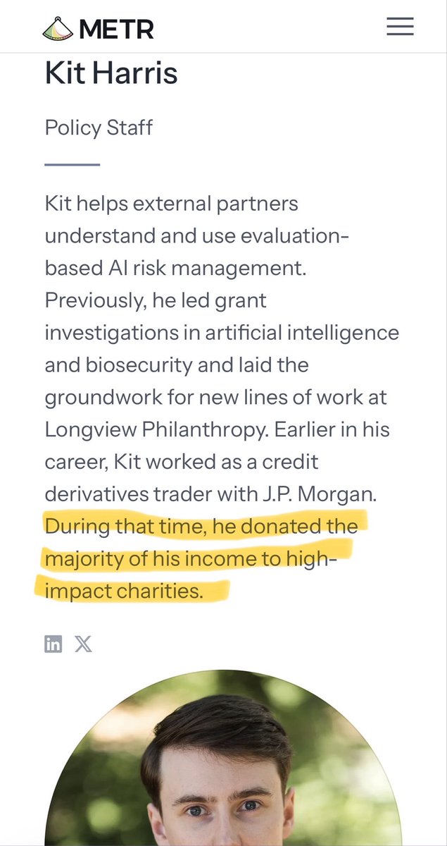 LegalAINinja's tweet photo. The more I dig into the profiles of the METR cult, the weirder it gets. Who says stuff like “donated a majority of his income to high impact charities?” This is either a virtue signaling lie or Kit is a trust fund baby who doesn’t need to work. Also which charities? NGOs maybe? https://t.co/5haodKS2vy