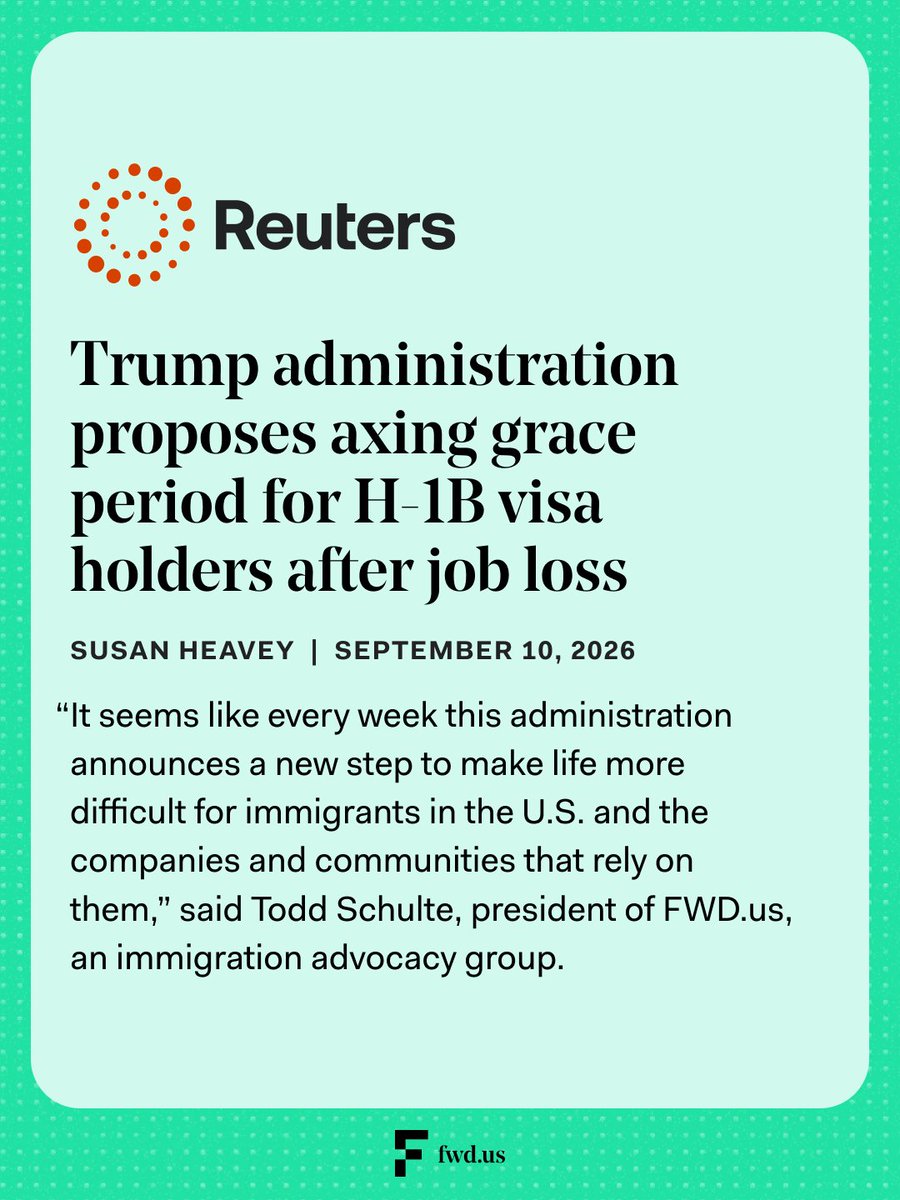 FWDus's tweet photo. The Trump administration is proposing to eliminate the 60-day grace period for H-1B workers after losing a job. @Reuters’ @SusanHeavey

@FWDus President @TheToddSchulte spoke to @Reuters and @SusanHeavey about the proposal and its potential impact on immigrant workers. https://t.co/eVoBz3vHzt
