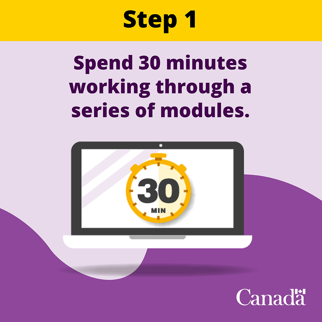 Step 1
Spend 30 minutes working through a series of modules.
A laptop screen shows a timer set for 30 minutes.