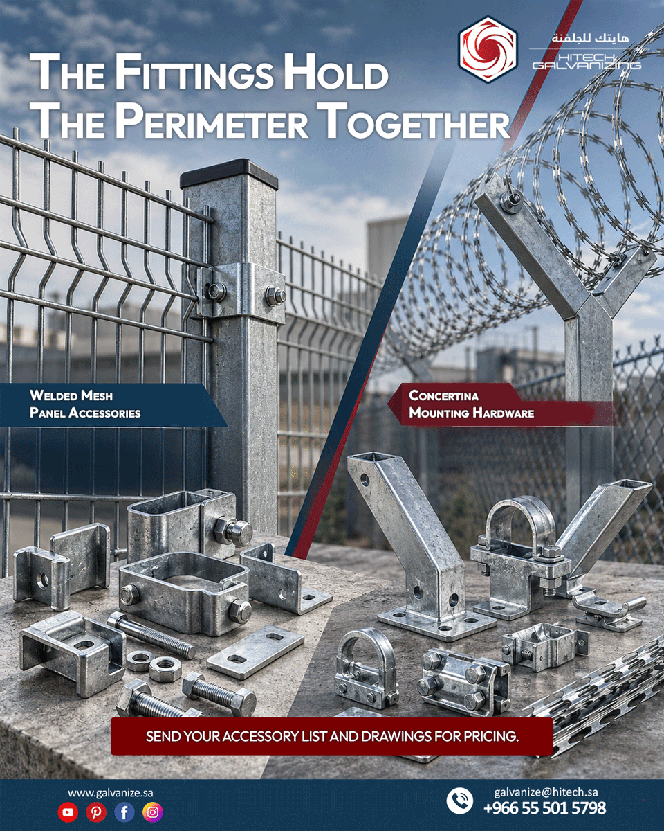 spingalvanizing's tweet photo. 🛡️ Strong perimeters start with reliable fittings.
📍 Riyadh, Saudi Arabia
📧 galvanize@hitech.sa
📞 +966 55 501 5798
🌐 https://t.co/Bgr97OAK8X
#HitechGalvanizing #FenceHardware #SecurityFittings #CorrosionProtection https://t.co/CeghNsrE6T