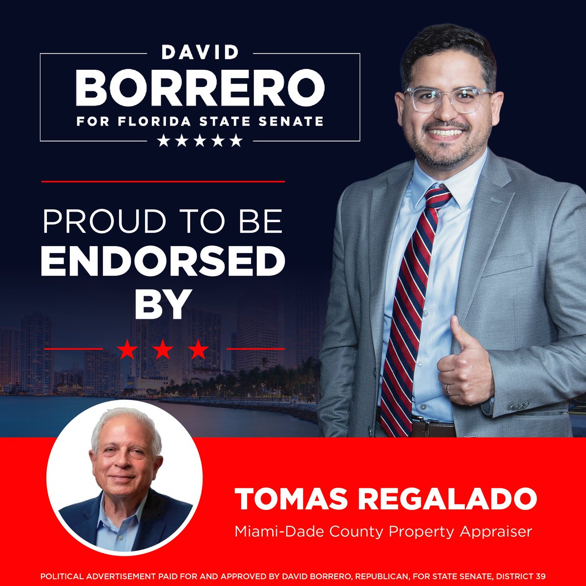 BorreroForFL's tweet photo. I am proud to have the support of my friend, the great @Tomas_Regalado —a public servant who always puts residents first. Thank you, Tomás, for your endorsement. https://t.co/k0nxWEpMiQ