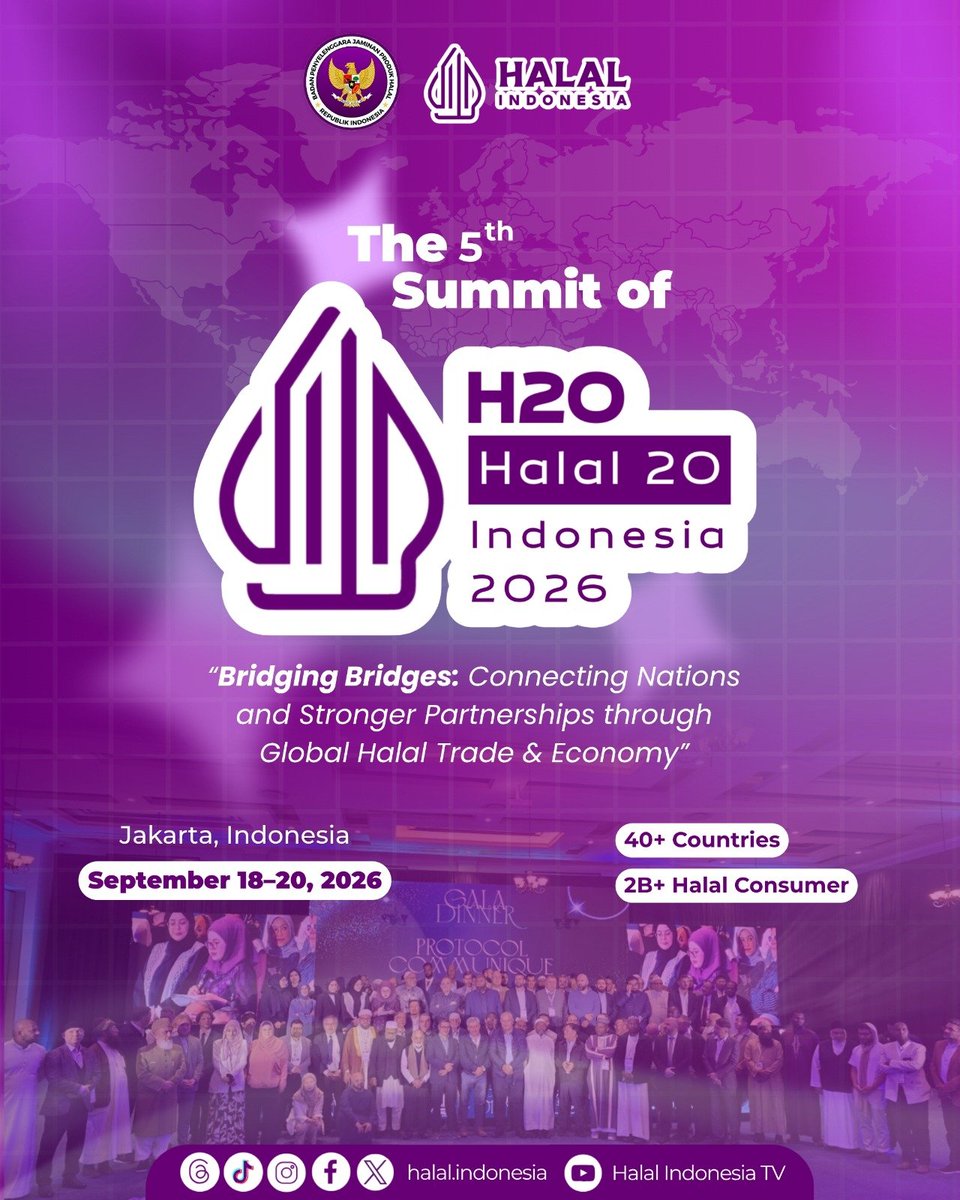 halalindonesia_'s tweet photo. From Indonesia to The Global Halal Ecosystem

BPJPH is hosting The 5th Summit of Halal 20 (H20), an international forum bringing together nations and halal stakeholders from around the world. https://t.co/iXAOlxM9VO