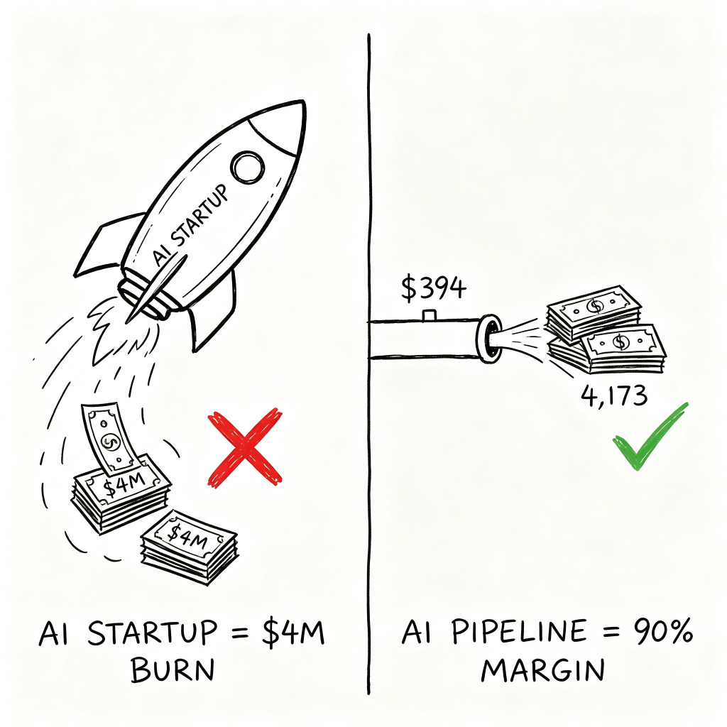tttbowen's tweet photo. The best AI business isn't a startup - it's a pipeline: $4,173/mo revenue on a $394/mo cost is a 90% margin most funded AI companies will never see. https://t.co/ZksHodvKqb