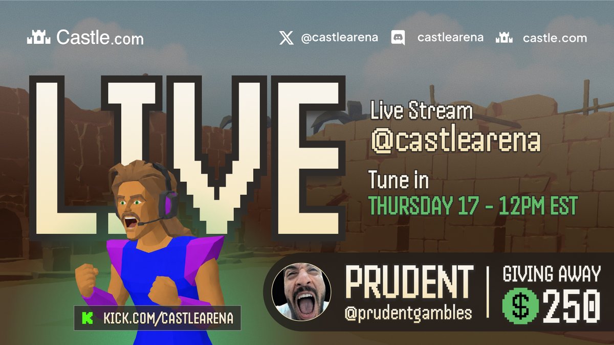 castlearena's tweet photo. .@prudentgambles is back on Castle 🏰

Catch him LIVE TODAY at 12 PM ET on https://t.co/iIcfu1Qo8z

💰 Plus, we’re giving away $250 to Castle users only 

 Make sure to sign up before we go live! 👀 https://t.co/bP3Eazomhi