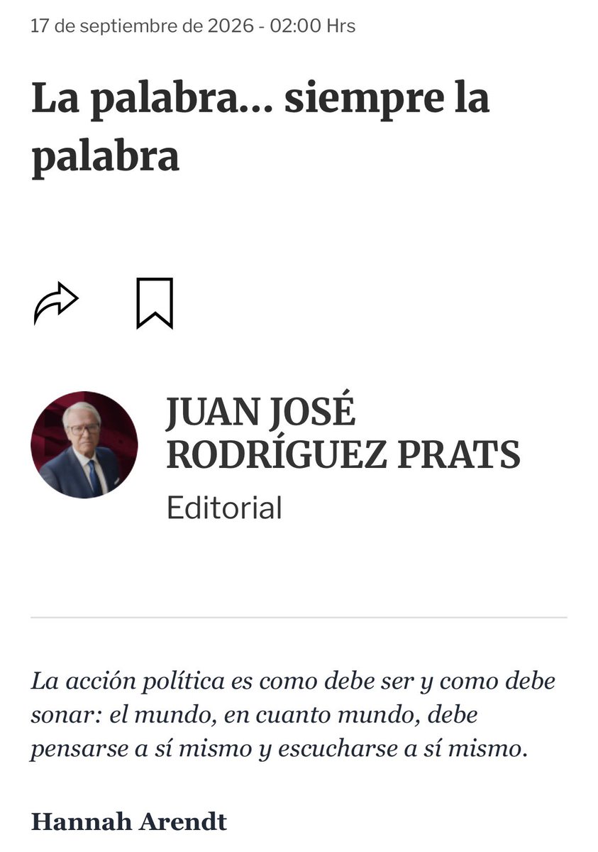 rodriguezprats's tweet photo. #BuenosDías

Hoy en @Excelsior
#politicadeprincipios

 La palabra… siempre la palabra 

La acción política es como debe ser y como debe sonar: el mundo, en cuanto mundo, debe pensarse a sí mismo y escucharse a sí mismo.

Hannah Arendt

https://t.co/5Gi7UUXKt3 https://t.co/l9dxiClCks