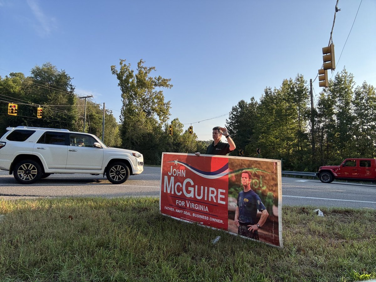 JohnMcGuire4VA's tweet photo. Got an early start this morning getting out the vote by waving good morning to folks in VA 05 on their way to work. 

Tomorrow is the first day of early voting in Virginia. 

The last day to vote is November 3.

This midterm it is common sense vs. crazy.

Republicans have https://t.co/aeLdtyNVRy