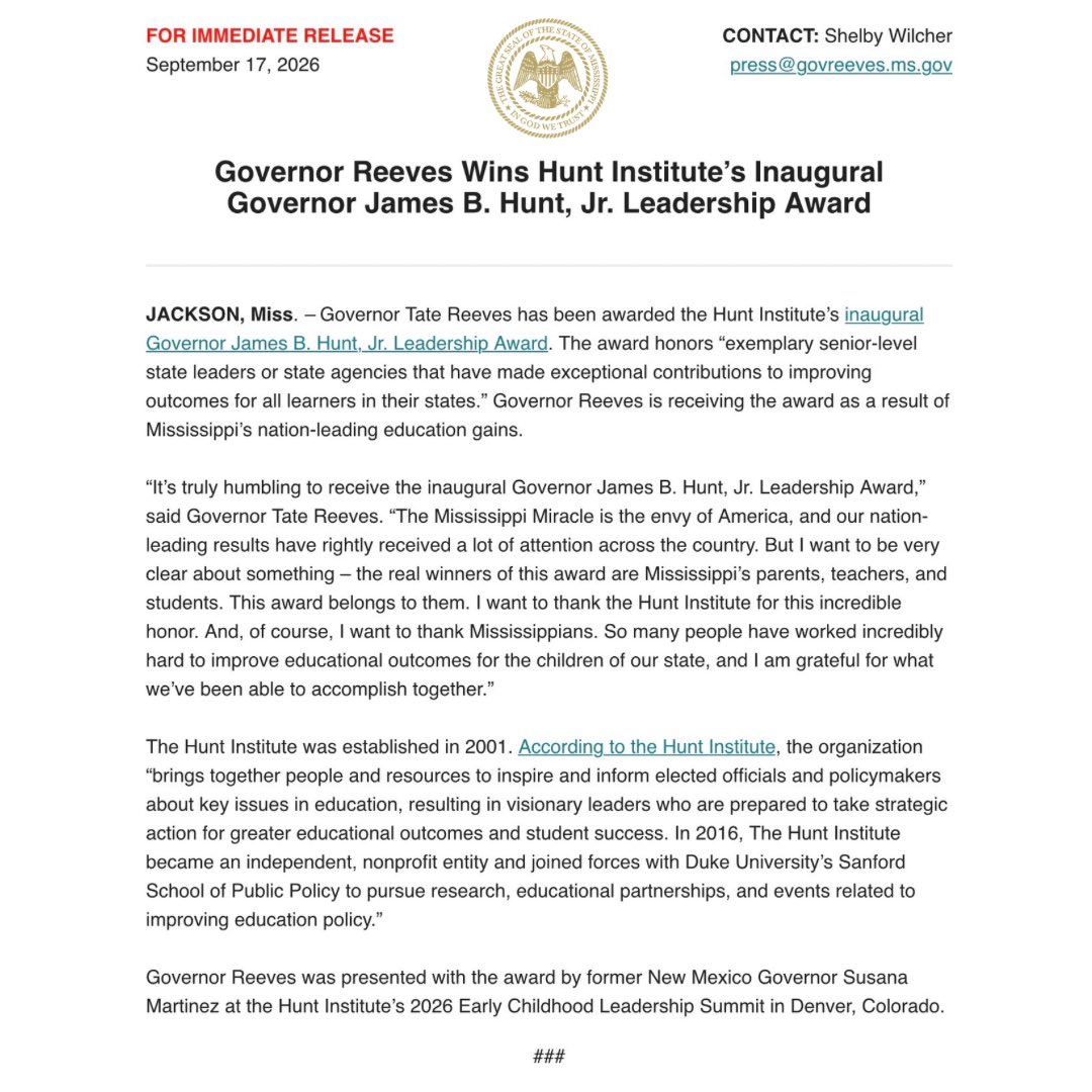 tatereeves's tweet photo. It’s truly humbling to receive the Hunt Institute’s inaugural Governor James B. Hunt, Jr. Leadership Award.

The Mississippi Miracle is the envy of America, and our nation-leading results have rightly received a lot of attention across the country. But I want to be very clear about something – the real winners of this award are Mississippi’s parents, teachers, and students. This award belongs to them. 

I want to thank the Hunt Institute for this incredible honor. 

And, of course, I want to thank Mississippians. So many people have worked incredibly hard to improve educational outcomes for the children of our state, and I am grateful for what we’ve been able to accomplish together.