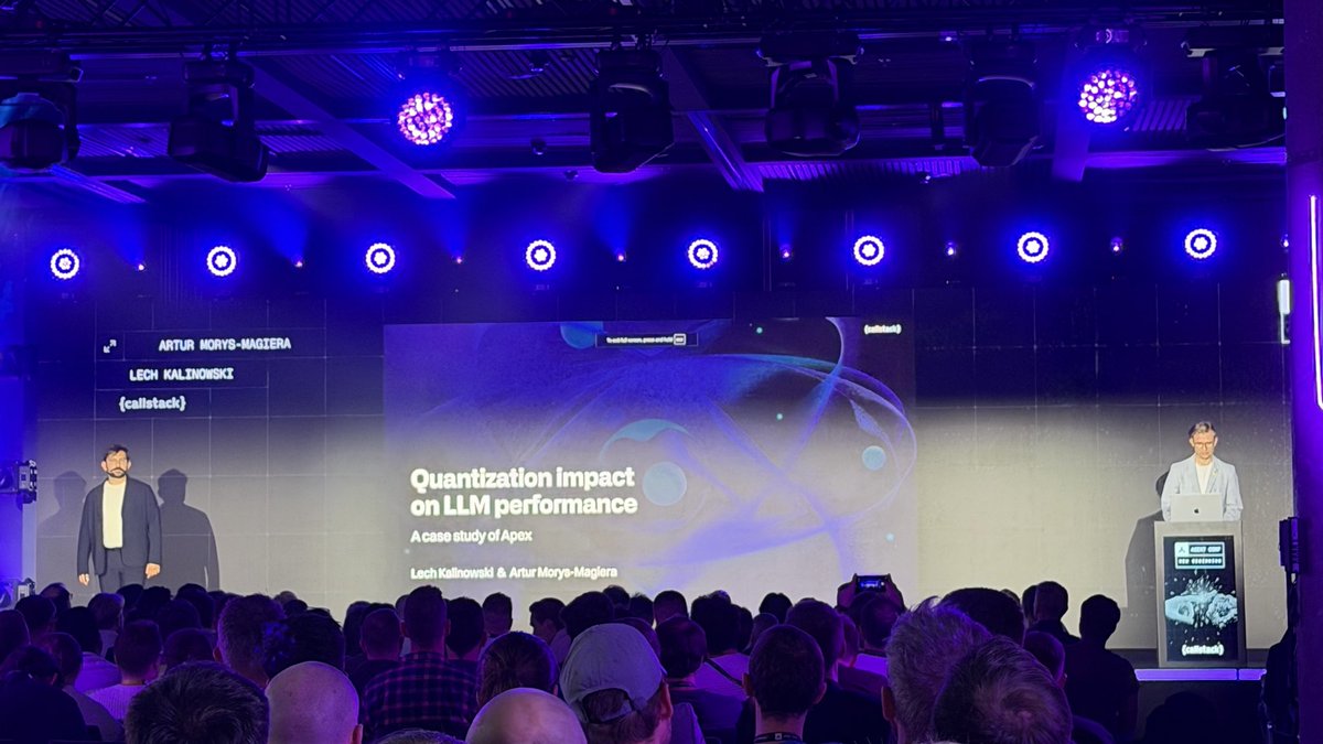 alimek_'s tweet photo. @artus9033 and @LeSiOO from @callstackio presenting Apex case study about the model quantization and how that matters for final LLM output. 

@AgentConf #callstack #agentconf https://t.co/RD9SLvzpD2