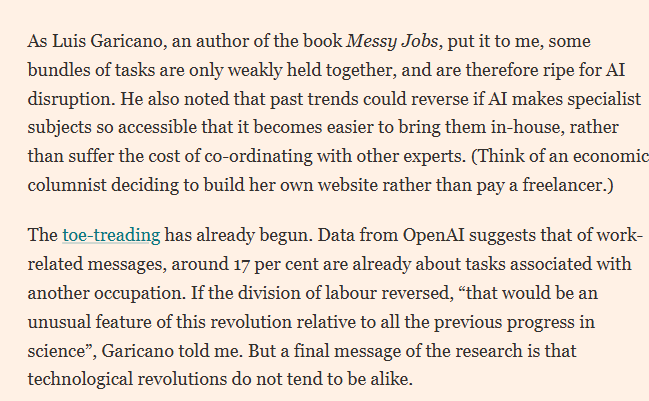 lugaricano's tweet photo. In the @ft today, I gave @SoumayaKeynes a sneak preview of the work I will be presenting at the Brookings Institution (still under embargo) next week, on how cheap knowledge reverses the long term trend towards specialization: "The Vanishing Advantage of Specialization: AI, Knowledge Utilization, and the Boundary of the firm."
https://t.co/pZWkKc7TKQ