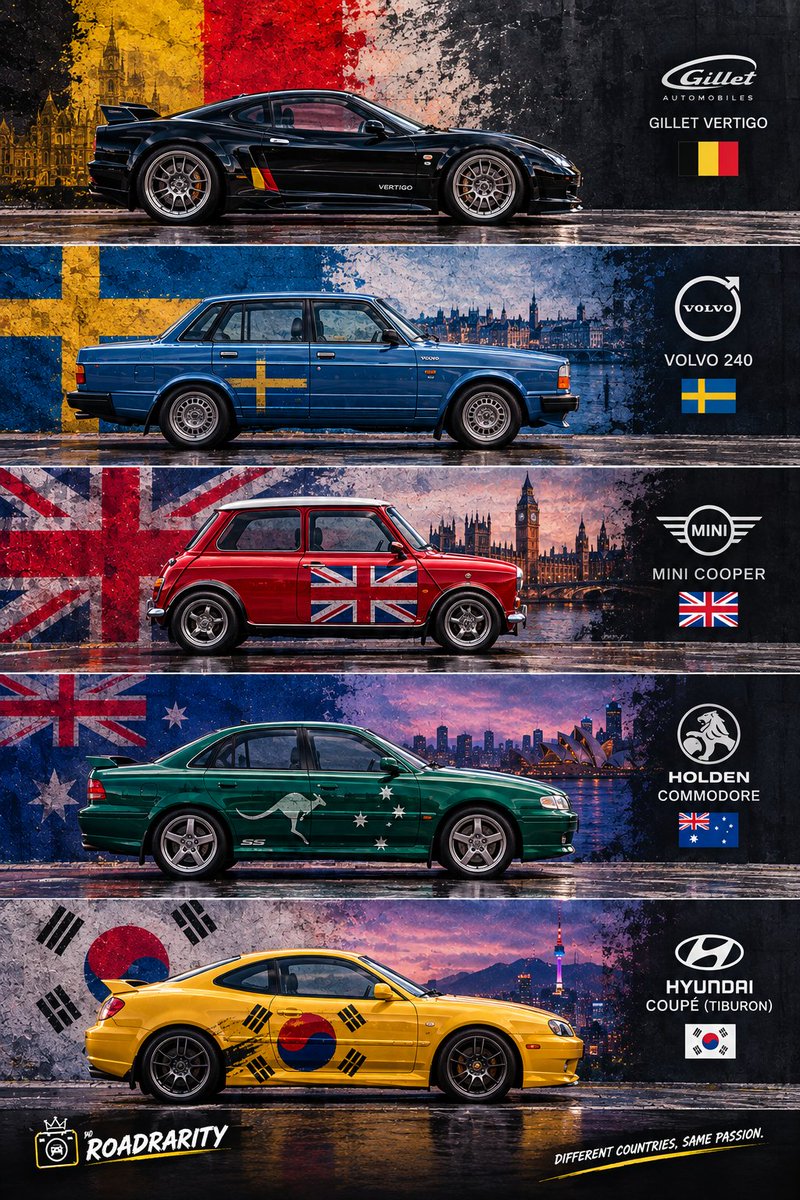 RoadRarity's tweet photo. 5 countries. 5 iconic cars. One passion.

Which is your favorite car out of these 5? 🚗

Gillet Vertigo ? 
Volvo 240 ? 
Mini Cooper ?
Holden Commodore ? 
Hyundai coupé Tiburon ? 

#RoadRarity #CarSpotting #CarCommunity #Cars #Gillet #Volvo240 #MiniCooper #Holden #Hyundai https://t.co/OjN0Kcx5mO