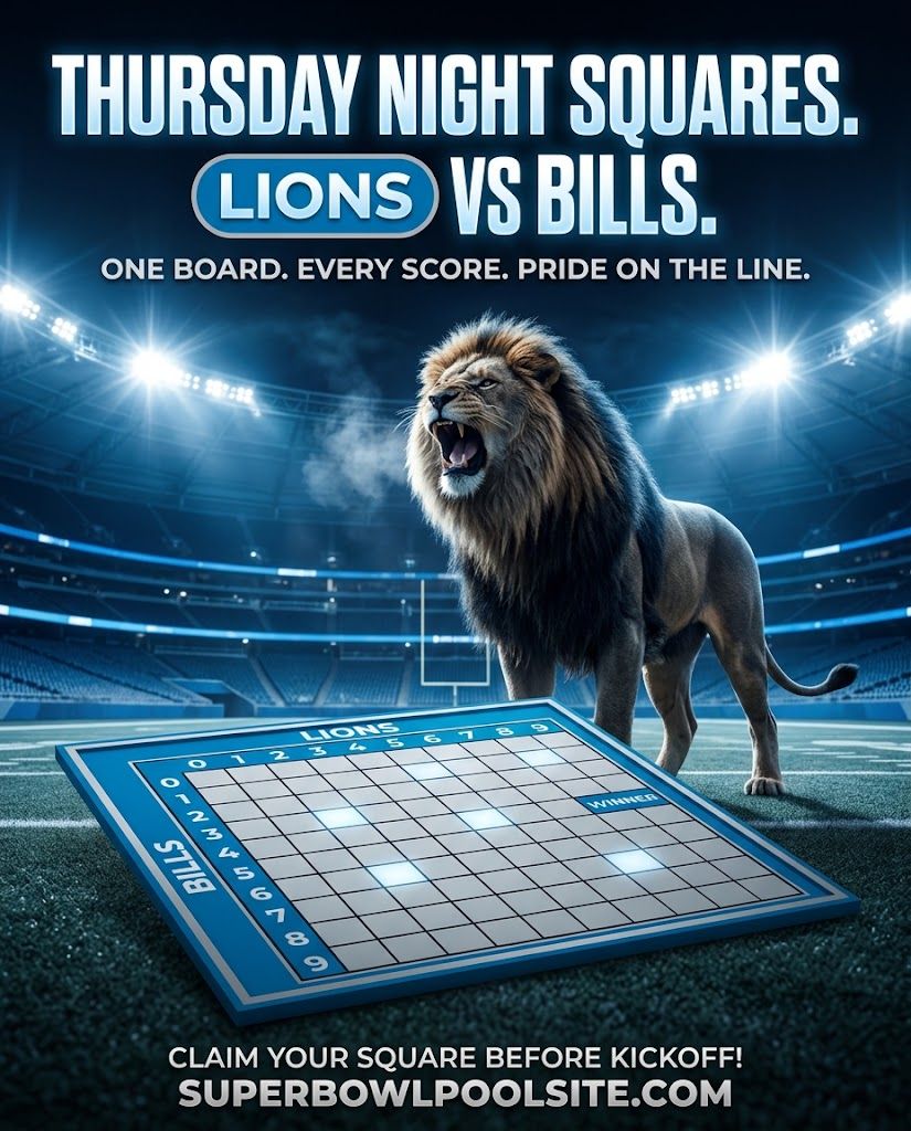 sbpsonline's tweet photo. Two contenders. One board. 100 squares.

Set up your Lions squares contest before kickoff and make Thursday night interesting: https://t.co/oC8ccZprRZ https://t.co/0pZSfaybaw
