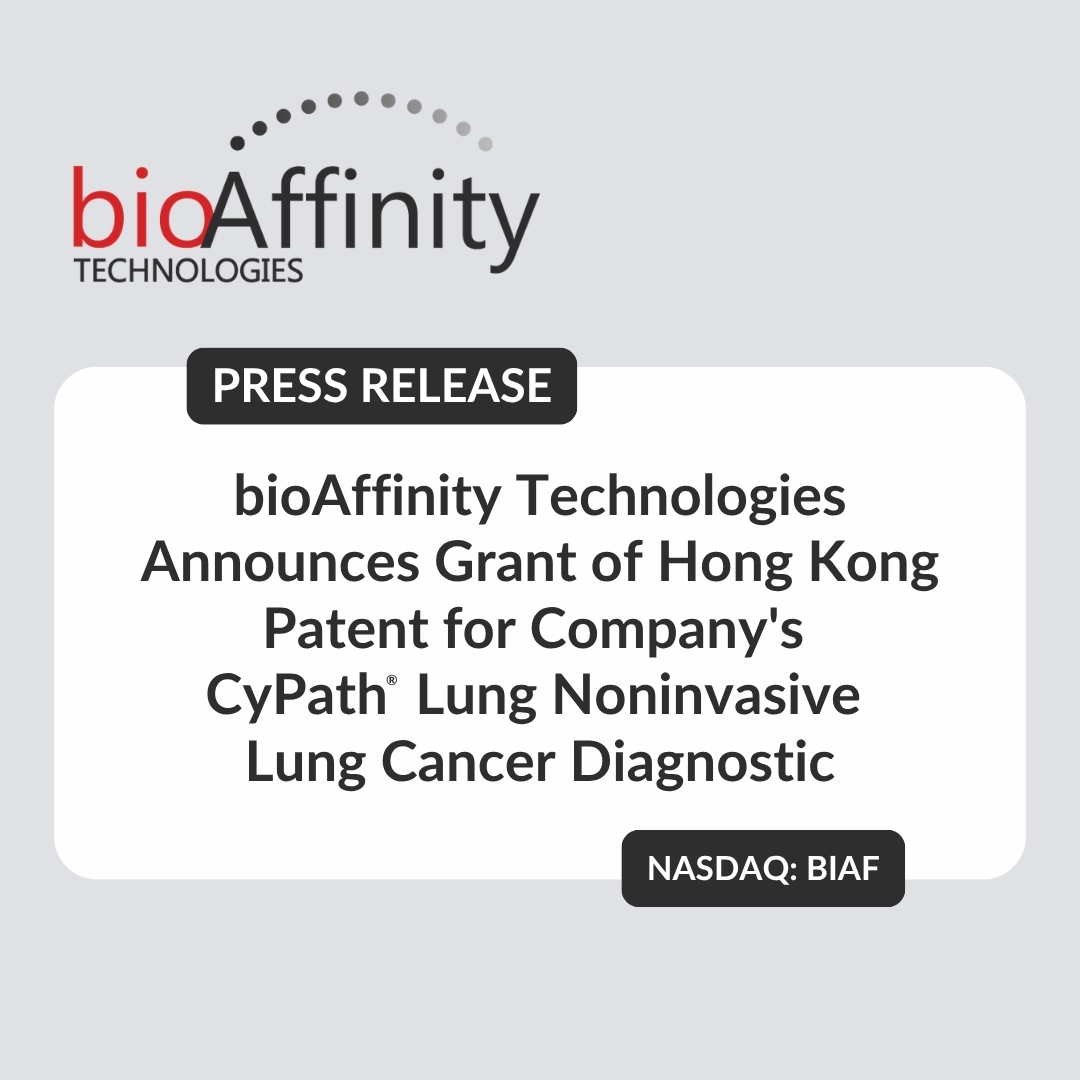 bioAffinity's tweet photo. bioAffinity Technologies ($BIAF) has been granted a Hong Kong patent covering the proprietary platform technology underlying #CyPathLung.
The patent complements existing protection in China and strengthens IP protection for the technology in Asia.
Read: https://t.co/xtUtzKGteh https://t.co/rwn6waBTAr