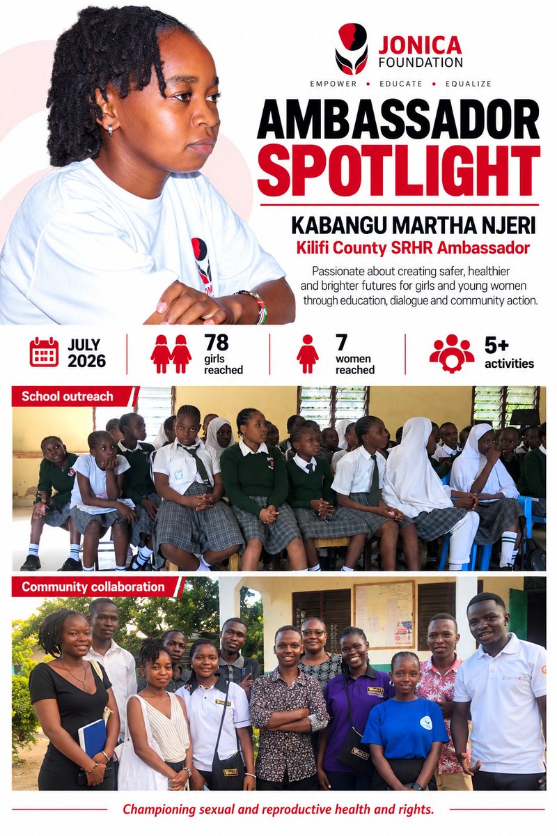 Jonica_F's tweet photo. 🌟 Next in our Ambassador Spotlight: @Kabangumartha | Kilifi County

78 girls. 7 women. More than 5 activities advancing sexual and reproductive health and rights in July.

Meet Martha, our Kilifi County SRHR Ambassador, whose work is creating opportunities for girls to ask questions, understand their rights and learn where to seek support.

📚 School outreach: At Kibaoni Primary Junior School, Martha introduced girls to SRHR and facilitated an open Q&A session, addressing gaps in knowledge about their health and rights.

🤝 Community collaboration: At Kiwandani Secondary School, she engaged peer mentors on opportunities to strengthen community SRHR education. She also exchanged insights with volunteers from TICAH and the Kilifi Youth Advisory for Health.

📱 Digital advocacy: Martha shared SRHR information through WhatsApp groups and joined a virtual stakeholder session to exchange knowledge with others working in the field.

Her outreach highlighted concerns about menstrual stigma, fear of reporting gender-based violence and uncertainty about where to access services. Girls also learned about available support, including the Auntie Jane Hotline.

Martha, thank you for helping make these conversations possible and bringing girls’ questions to the centre of your work. We celebrate you! ❤️👏

#AmbassadorSpotlight #JonicaFoundation #SRHR #KilifiCounty #GirlsRights #YouthLeadership