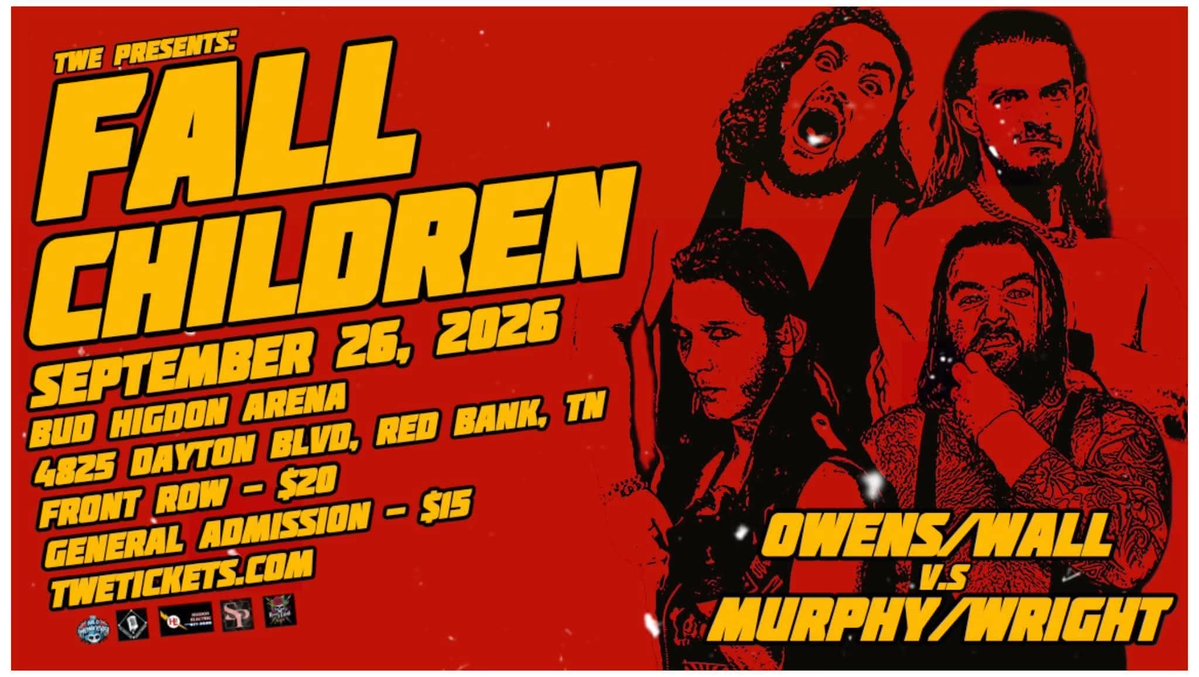 TWE_Chattanooga's tweet photo. TWE returns with Saturday Night Fights as we present "Fall Children" on 9/26. 8PM

Match Announcement:
@thekaseyowens calls upon an old friend as "The Wall" @TylerStevensPro returns and they take on @MurphyNoFuture &amp; @HossoftheSouth1 

https://t.co/cXPcgeDJBK https://t.co/kxYgeJ6Az2